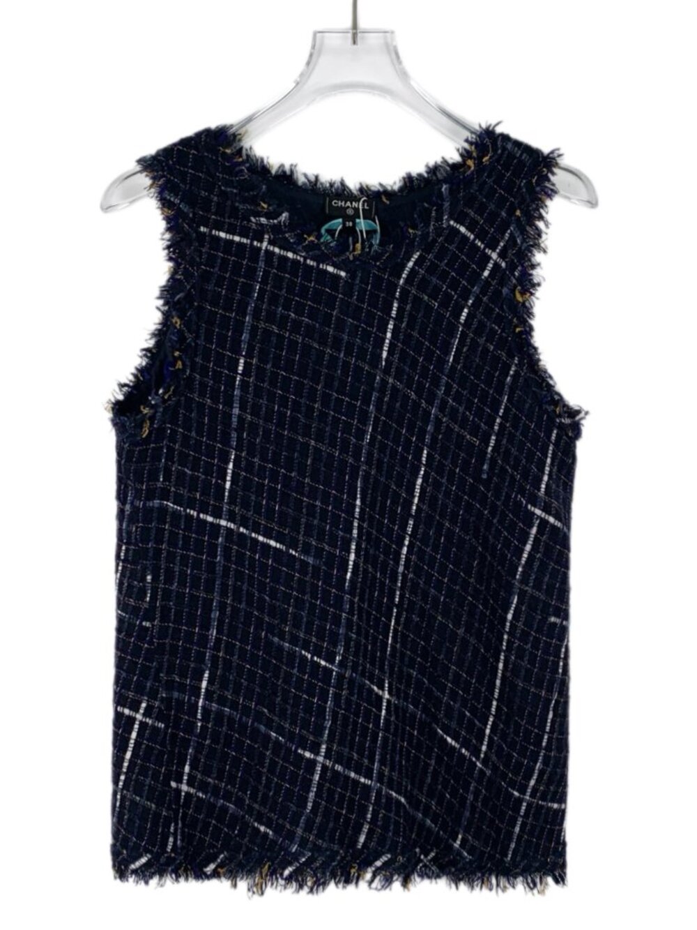 J31465 Chanel dark blue wool plaid tweed round neck sleeveless vest 38 M size